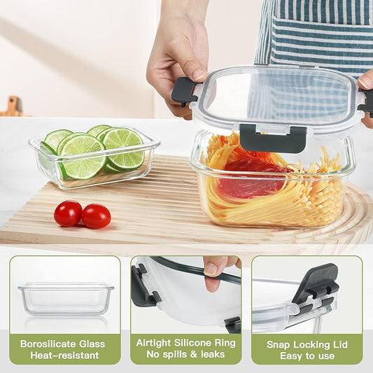 BAYZZ 24 Piece Glass Food Storage Containers with Lids, Airtight Glass Meal Prep Containers for Kitchen, BPA-Free Lunch Box, Microwave and Freezer Safe