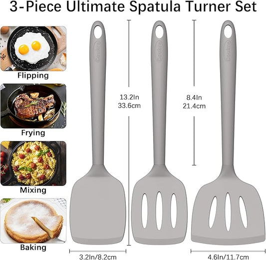 Coukre 3 Pack Silicone Spatula Set, High Heat Resistant, BPA-Free, Fish Spatula, Solid & Slotted Turner for Non-Stick Pans, Flipping Eggs, Pancakes, Fish, Burgers (3, Classic Grey)
