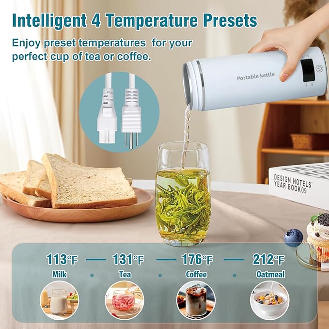 Travel Electric Kettle Portable Mini Kettle,Small Hot Water Boiler with 4 Temperature Settings,304 Stainless Steel,Fast Boiling Water with Auto Shut-Off and Boil Dry Protection,400ml (BIue, 400ML)
