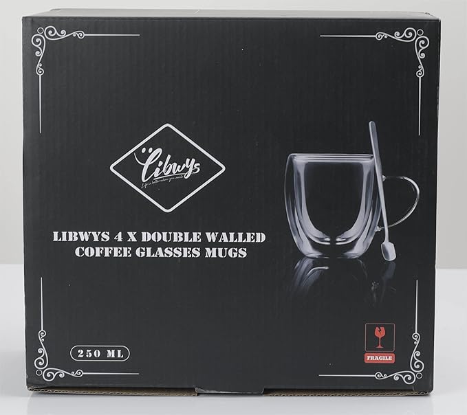 LIBWYS 4 Pack 250ml Double Walled Glass Coffee Mugs with 4 Spoons, Cappuccino Latte Tea Cups with Handle, Heat Resistant Drinking Glasses