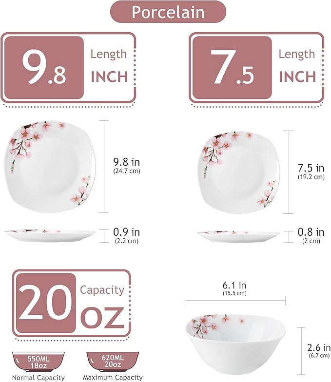 VEWEET Porcelain Dinnerware Set with Pink Floral, 12 PCS Including Dinner Plates, Dessert Plates and Cereal Bowls, Series Annie
