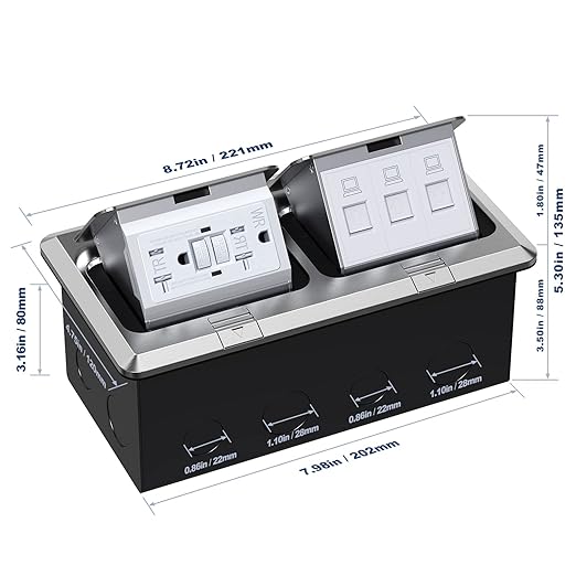 KYHSHJ Dual Pop-Up Floor Electrical Outlet Box Kit,20 Amp Stainless Steel GFCI TR Receptacle Outlet,3-Port RJ45 Datacom Receptacle,Silver