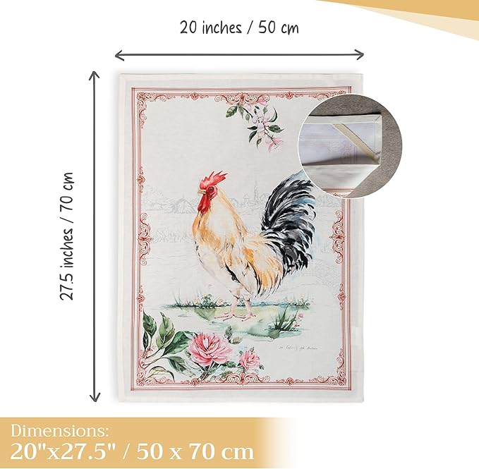 100% Cotton Kitchen Towel Campagne Maison d' Hermine Set of 2 Super Soft Highly Absorbent Hotel Quality Quick Drying Cleaning Dishcloth Tea Bar Towels Spring/Summer (Coq, 20"x27.50")