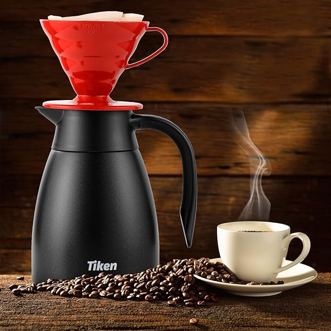 Tiken 34 Oz Thermal Coffee Carafe, Stainless Steel Insulated Vacuum Coffee Carafes For Keeping Hot, 1 Liter Beverage Dispenser (Starry Black)