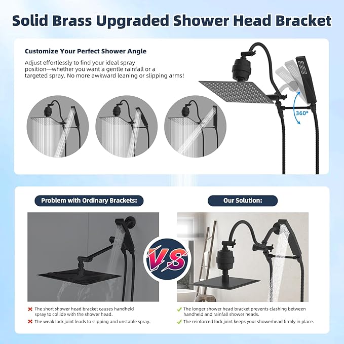 Hibbent All Metal 12'' Filtered Rainfall Shower Head Combo, High Pressure Handheld Shower Wand, 12'' Adjustable Extension Arm, 20 Stage Shower Filter, 71'' Hose, Shower Head Holders, Matte Black