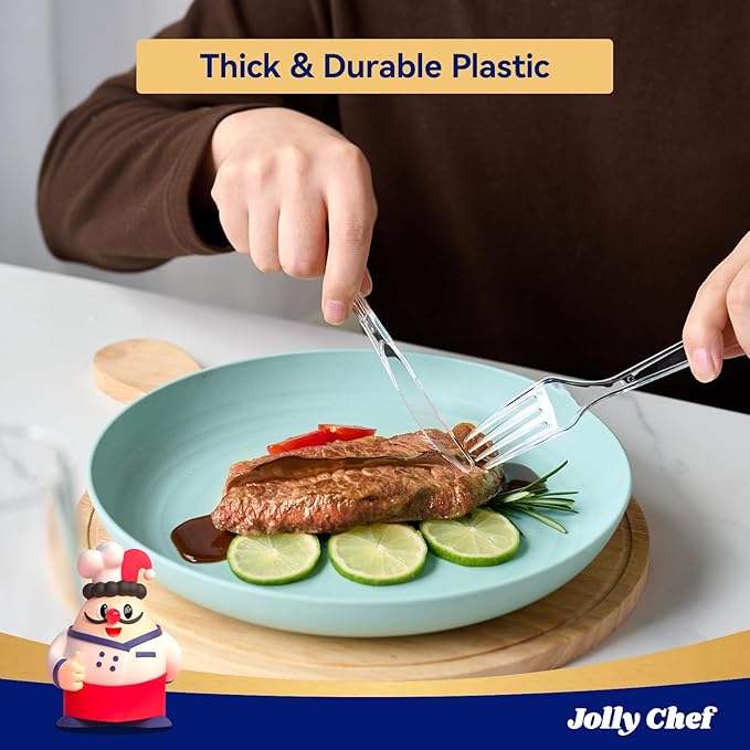 JOLLY CHEF 300 Count Clear Plastic Forks Heavy Duty, 7.1" Heat Resistant Solid and Durable Plastic Forks Disposable, Disposable Bulk Cutlery Suitable for Parties Supply Events Everyday Use