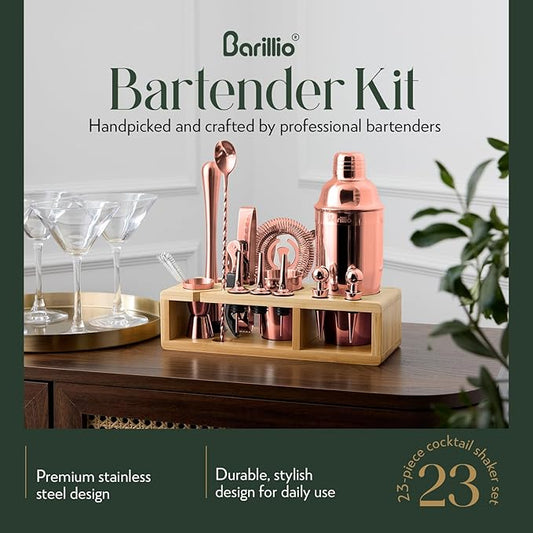 Barillio Rose Gold Bartender Kit - Stainless-Steel Cocktail Shaker Set w/Bamboo Stand - Mixology Bar Tools w/Drink Shaker, Mixer and Muddler for Cocktails - Home Bar Accessories - 23-Pc Bar Set