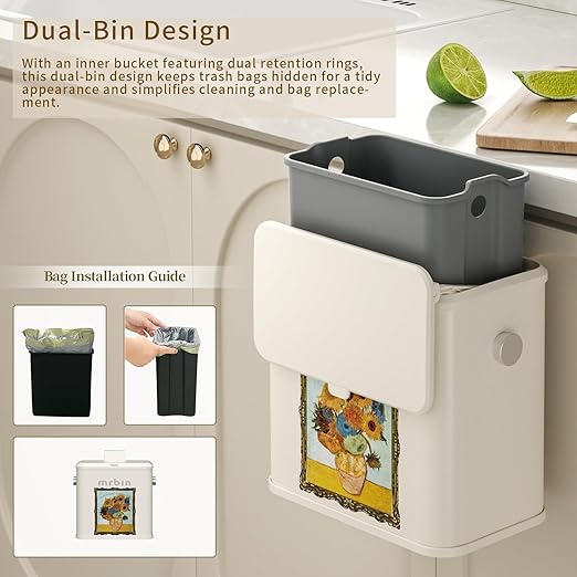 Mrbin Metal Compost Bin Countertop with Lid, Hanging Trash Can for Kitchen Cabinet Door, Wall Mounted Indoor Recycle Basket Food Waste Scrap Dustbin for Kitchen Under Sink with Inner Bucket, Sunflower