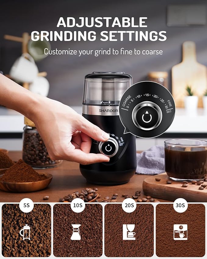 SHARDOR Electric Super Silent Blade Coffee Grinder, Timed Grind Control Rotary Knob, Adjustable Coarse to Fine for Coffee Beans, Spices & Herbs, with 2 Removable Stainless Steel Bowl, Black