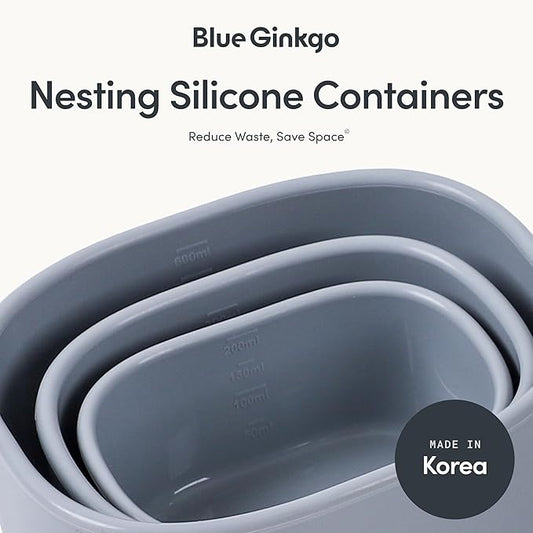 BLUE GINKGO Nesting Silicone Containers - Set of 3 Hard-Shell Silicone Food Storage Containers | BPA Free, Airtight, Dishwasher and Freezer Safe (6.7oz, 10oz, 20oz) - Grey
