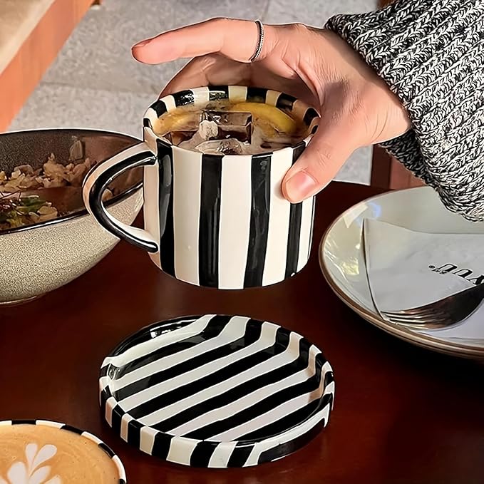 Tea Cup and Saucer, Ceramic 8 oz coffee mug, Dishwasher Safe and Microwave Safe, Black and White