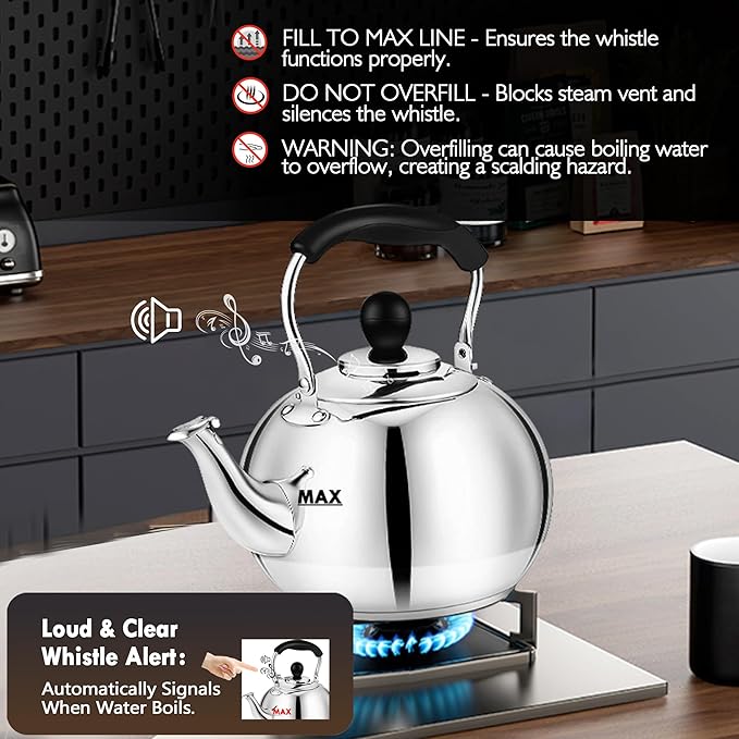 Dclobtop Whistling Tea Kettle Stovetop - 2.0 Quart Round Tea Pot for Stovetop, Silver Mirror Polished Classic Stovetop Kettle, Food Grade Material Teapot for Stove Top