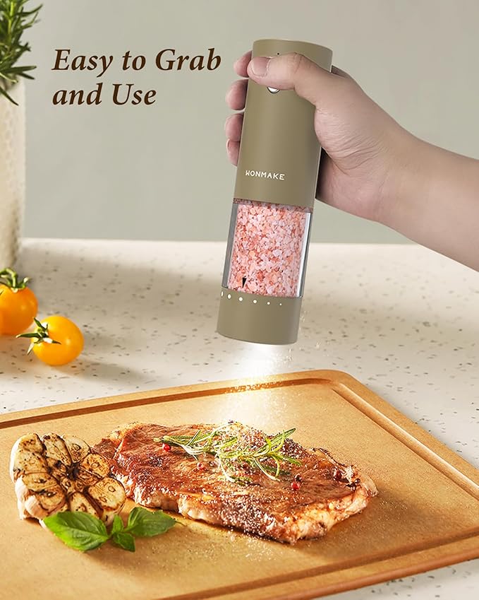 Electric Salt and Pepper Grinder Set - Automatic Refillable Salt and Pepper Grinders with Charging Base & LED Light, 6-Level Adjustable Coarseness with External Dial, Ideal Kitchen Gadget,Brown
