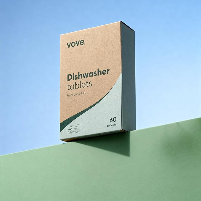 Vove Plastic-Free Dishwasher Tablets, 60 Pack - All-in-One Plant-Based Formula with 2x Enzyme Power - Tackles Stubborn Stains, No Pre-Rinse Needed, Biodegradable & Concentrated, Fragrance-Free