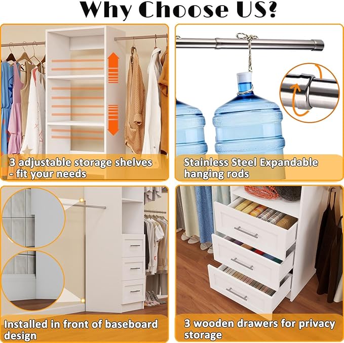 Closet System with Drawers, 5FT-8FT Custom Closet Organizer System 99" Walk in Wood Closet Storage System with 4 Expandable Hanging Rods Wall Mount White