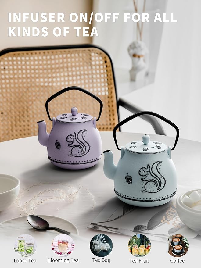 Toptier Teapot with Removable Infuser, Cast Iron Tea Kettle Stovetop Safe, Squirrel Design Tea Pot Coated with Enameled Interior for 32 Ounce (950 ml), Purple