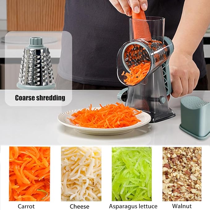 Rotary Cheese Grater Shredder with Handle Handheld Round Mandoline Vegetable Slicer Carrot Shredder Nut Grinder with 3 Replaceable Stainless Steel Drum Blades and Upgrade Strong Suction, Grey/Cyan