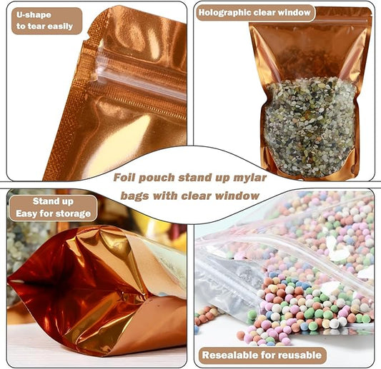 150-pack 5.9” x 8.7” Stand Up Mylar Bags with Clear Window Resealable Foil Pouches for Food Storage Smell Proof Edible Packaging Bag for Jewelry and Small Business Bulk, Golden