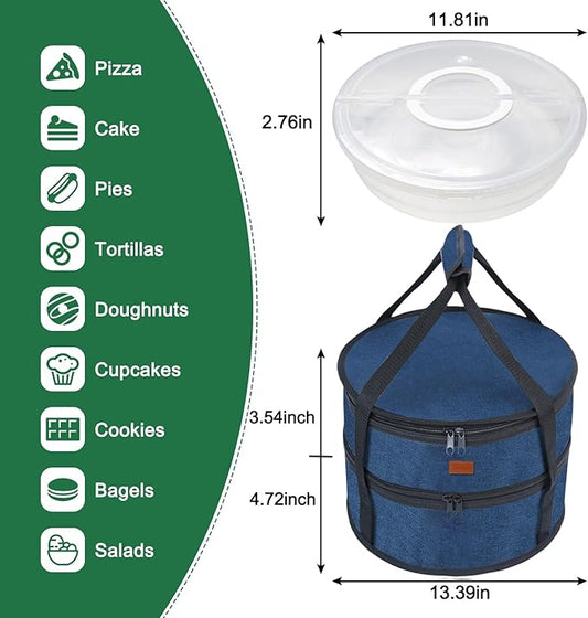 Aufind 12" 2 Pack Pie Carrier with Lid and Insulated Food Carrying Case Bag, Reusable Food Storage Containers for Pies, Cheesecake, Pizza, Nuts Fruit (Blue)