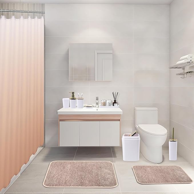 Bathroom Accessory Set–Bathroom Set with Shower Curtain and Rugs, No Slip Bathroom Rugs Super Absorbent,White Ombre Waterproof Shower Curtain with Hooks, White Bathroom Sets Complete for Home