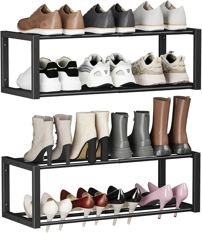 Homeiju Hanging Shoe Organizer,2 Pack Wall Mounted Shoe Rack Holds 12 Pairs,Space Saving Metal Wall Shoe Rack,Hanging Shoe Rack Shoe Holder for Small Space,Entryway,Closet,RV,Camper(Black