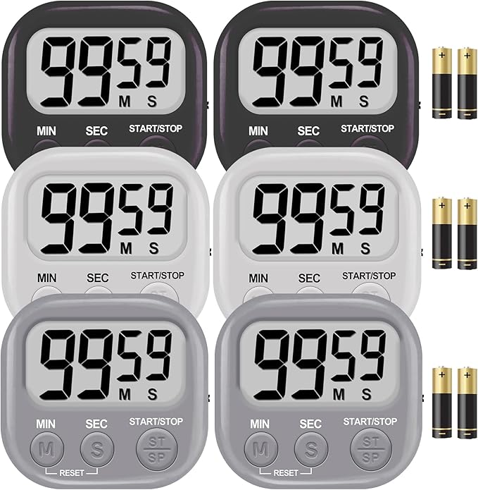 6-Pack Digital Kitchen Timer, 99-Min 59-Sec Countdown & Stopwatch, Loud 100dB Alarm, Strong Magnet, Power-Saving On/Off Switch, Time Memory, Classic Colors, Multiple Placements, Batteries Included