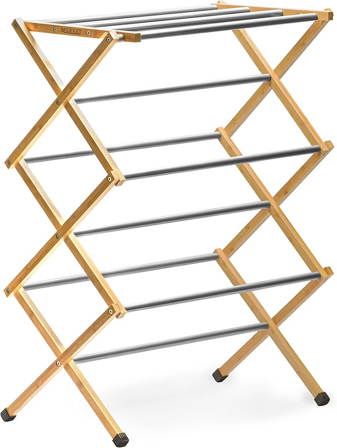 Morvat Premium Bamboo Wooden Folding Clothes Drying Rack with Metal Poles, Fully Assembled, Anti-Slip Grips, Adjustable Height, 11 Poles with 23FT of Drying Space for Laundry, Collapsible