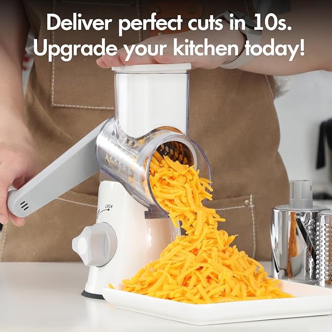 Rotary Cheese Grater with Handle, Kitchen Speed Hand Crank Vegetable Slicer, Potato Hash Brown Shredder Spinning Nut Grinder with 3 Replaceable Stainless Steel Drum Blades (White)