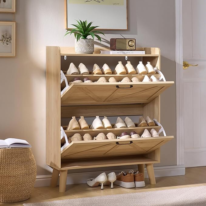 LEYAOYAO Shoe Storage Cabinet with 2 Flip Drawers,Narrow Shoe Storage Cabinet Organizer with Legs for Entryway Hallway, Living Room, Bedroom,Hidden Slim Storage Narrow Shoe Rack Cabinet,Natural