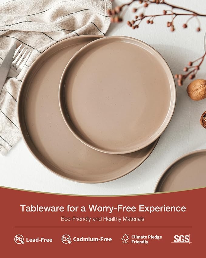Famiware Milkyway Stoneware Dinnerware Sets with Pasta Bowls, Service for 6 (24 Pieces), Plates and Bowls Sets -Scratch Resistant, Microwave and Dishwasher Safe Dishes Set, Cinnamon Brown