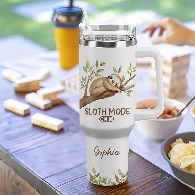 Personalized Sloth Tumbler 40oz with Handle & Straw - Lazy Themed & Funny Saying Tumbler - Cute Valentine Mother Father's Day Birthday Gifts - Custom Name Stainless Steel Travel Coffee Cup