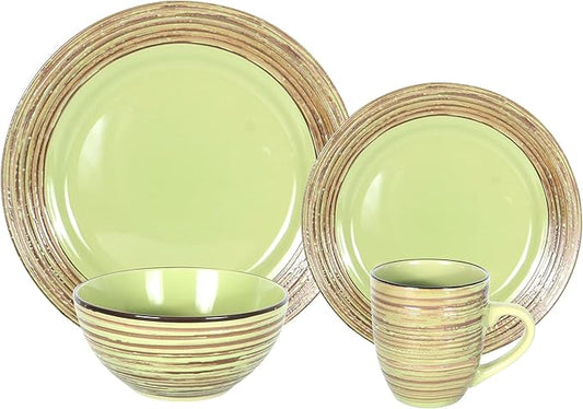 16 Piece Dinnerware Set, Ceramic Plates and Bowls Sets for 4, Microwave and Dishwasher Safe, Handcrafted Tree Bark Series Dish Set, Oak Forest/Dark Green