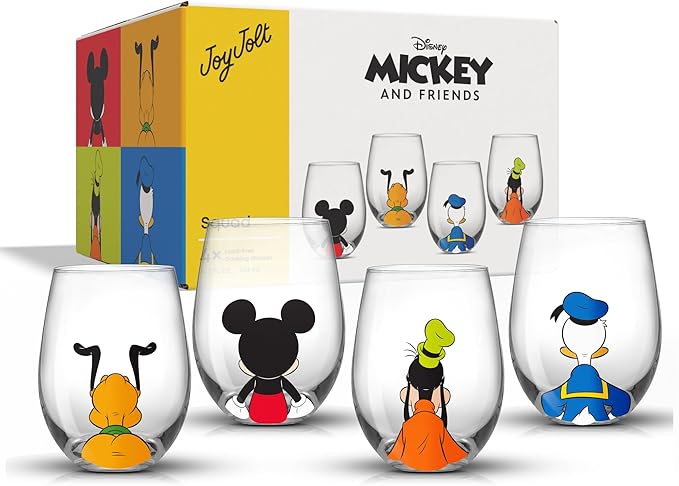 JoyJolt Disney Mickey Mouse Squad Collection Tumblers. 15oz Stemless Wine Glasses Set of 4 Stemless Drinking Glasses. Gifts Stuff, Wine Glass Mickey Mouse Cup Set