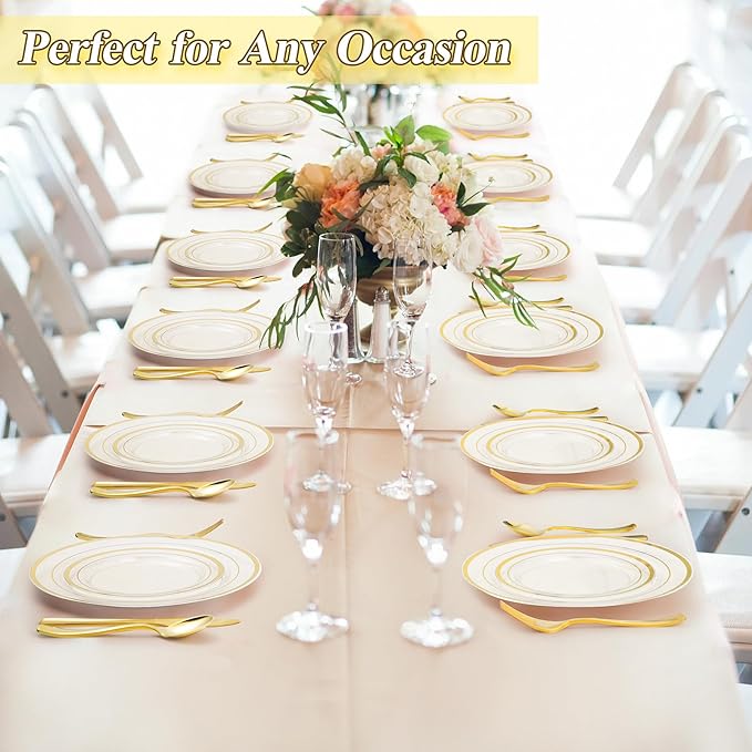 BESTSTAR 200PCS Clear Gold Plastic Plates Set, 100 10.25 inch Dinner Plates and 100 7.5 inch Dessert Plates, Disposable Plates for Party, Wedding