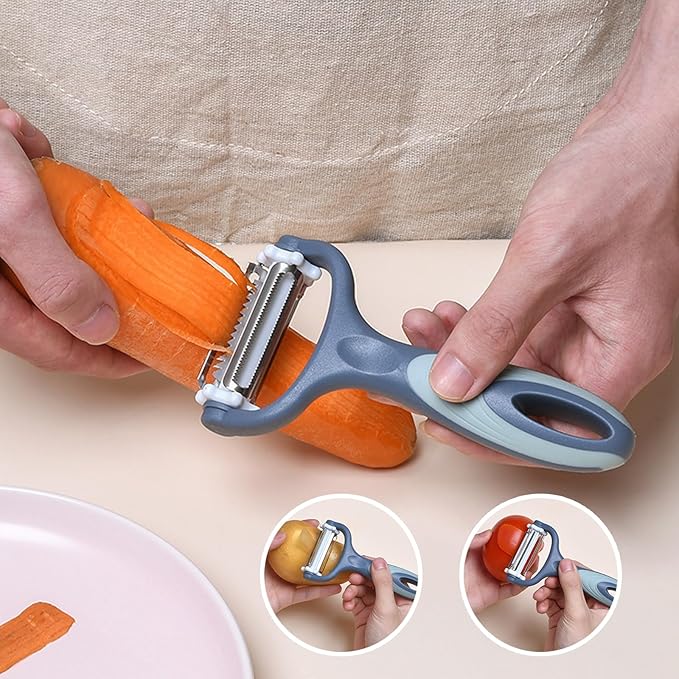 3-in-1 Rotary Vegetable Peeler with 3 Blades - Multi-Function Stainless Steel Peeler & Julienne Slicer - Ergonomic Non-Slip Grip Handle for Potato, Carrot, Fruit, Tomato, Kitchen Gadgets (Blue)