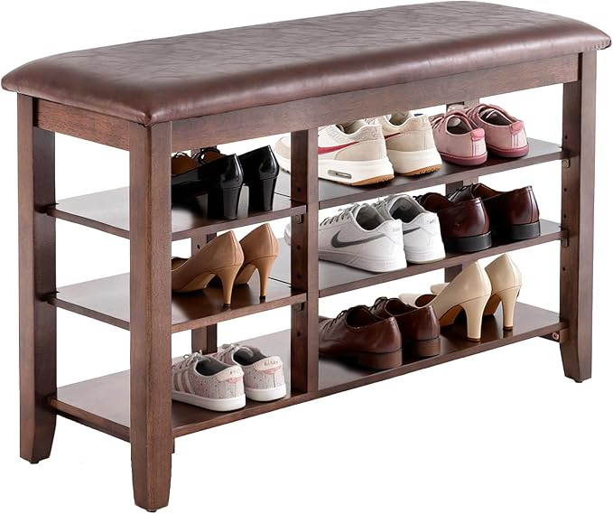 PY HOME & SPORTS Shoe Rack for Entryway 31.5": 3-Tier Shoe Storage Bench,Adjustable/Removable Shelves, Rubberwood Shoe Benches for Hallway, Porch, Bathroom, Brown