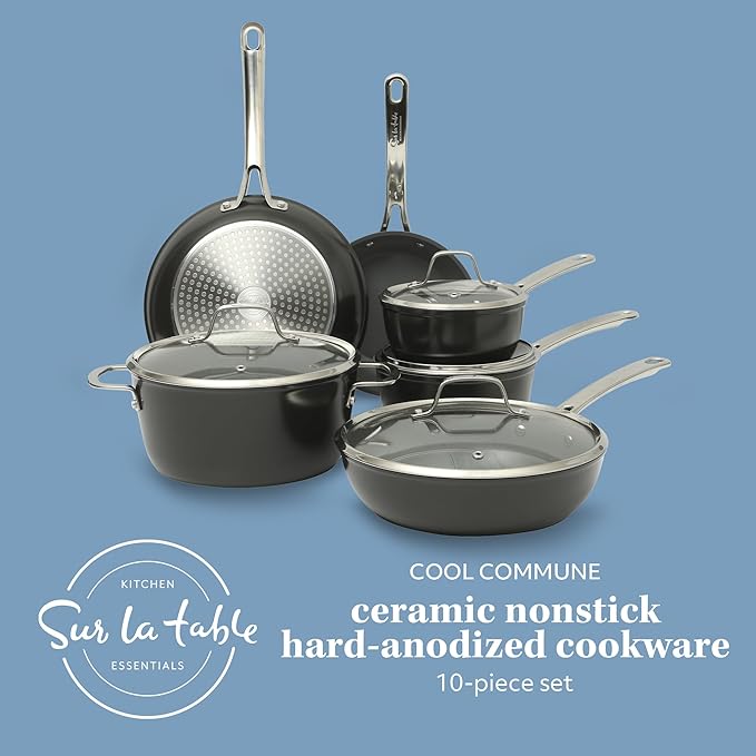 Sur La Table Kitchen Essentials Cool Commune Hard Anodized 10 Piece PFA Free Ceramic Non stick Interior Forged Durable Aluminum Pots and Pans Cookware Set - Black - Induction Compatible