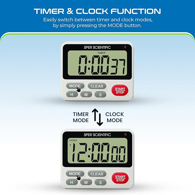 Sper Scientific 24-Hour Digital Lab + Kitchen Timer with LED Light 810001 - Precision Countdown Timer with Large Display, Loud Alarm & Clock Mode - for Cooking, Lab Experiments & More - 4 pc