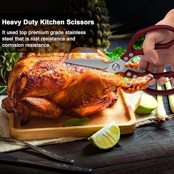 AWinjoy Heavy Duty Sharp Kitchen Scissors, Dishwasher Safe, Cooking Shears for Meat, Chicken, Fish, Poultry, Herb, Bread (Red)