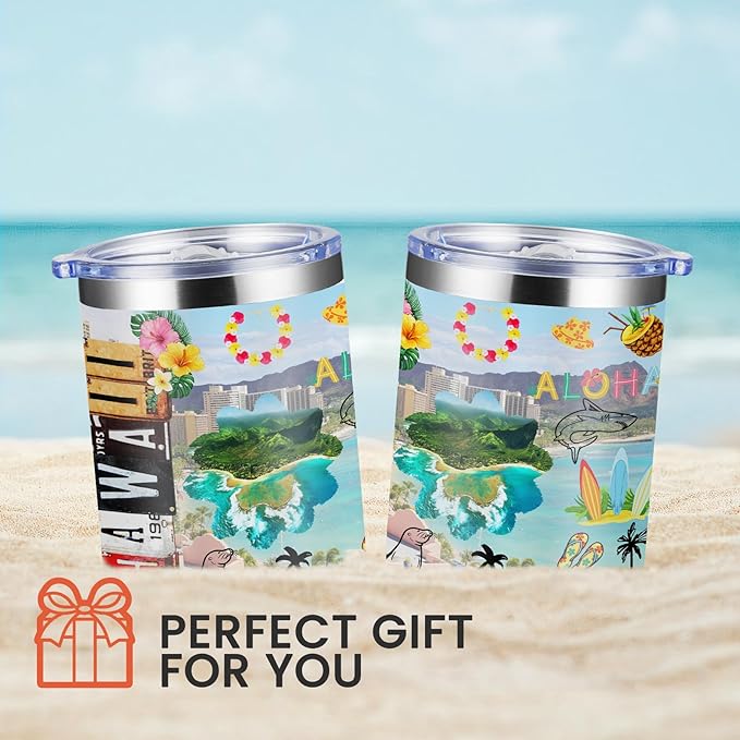 12oz Coffee Mug Hawaii State Insulated Coffee Cups, United States Map Travel Mug Landmark, Birthday Gifts Cute Mugs with Lid and Straw Mothers Day Gifts