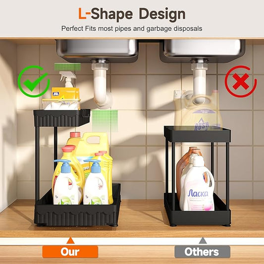 3 Pack Multi-Purpose Under Sink Organizers and Storage, 2025 L-Shaped Pull Out Cabinet Organizer for Bathroom & Kitchen, Under Cabinet Organizer with Hooks Hanging Cup, Black