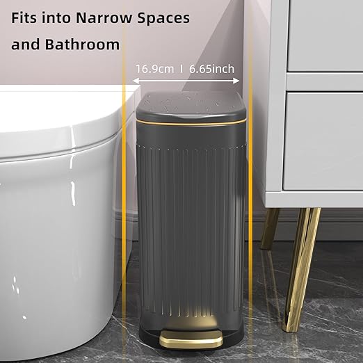 2.6 Gallon Slim Bathroom Trash Can with Soft Close Lid, 10L Stainless Steel Garbage Can with Removable Liner Bucket, for Narrow Spaces, Bathroom, Bedroom (Gray)