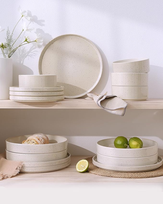 Famiware Nebula Plates and Bowls Sets, 18 Pieces Dinnerware Sets, Dishes Set for 6, Creamy White with Colorful Speckles