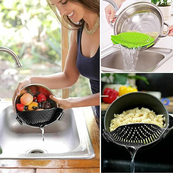 2 Pcs Clip on Strainer, Pot Strainer for Pasta Meat Vegetables Fruit, Silicone Strainers - Fit All Pots Bowls.