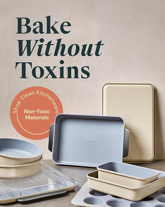 Caraway Nonstick Ceramic Bakeware Set (11 Pieces) - Baking Sheets, Assorted Baking Pans, Cooling Rack, & Storage - Aluminized Steel Body - Non Toxic, PTFE & PFOA Free - White