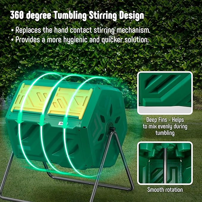 43 Gallon Compost Bin with Gloves, Fast Assembly & Easy Setup Outdoor Compost Tumbler, Updated Dual Chamber Tumbling Composter for for Garden, Kitchen, and Yard Waste, Green