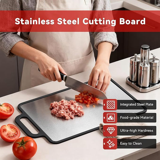 Double-Sided Solid Stainless Steel Cutting Board for Kitchen, 304 Grade & Dishwasher Safe - Non-Slip with Juice Groove, Perfect for Meat and Veggies, 15.3x9.6 Inch