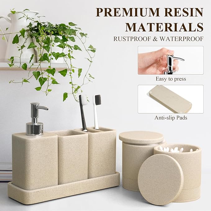 Bathroom Accessories Set, 6 Piece Bathroom Set with Toothbrush Holders, Soap Dispenser, Vanity Tray, Tumbler, Cotton Swab Jars, Bathroom Organizer,Bathroom Sink Sets, Stone Beige