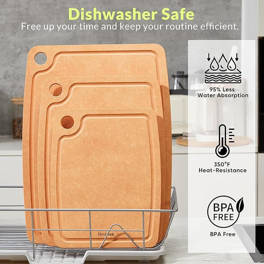 Cutting Board for Kitchen, 17.3x12.8Inch Wood Fiber Composite Cutting Board with Juice Groove and Non-slip Feet, Dishwasher Safe, Knife-Friendly Chopping Board for Meat, Bread, Fruit, Wooden