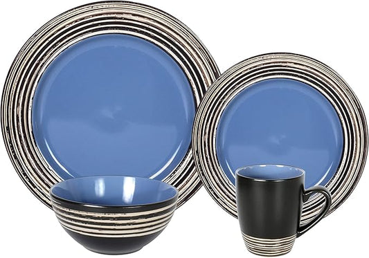 16 Piece Dinnerware Set, Ceramic Plates and Bowls Sets for 4, Microwave and Dishwasher Safe, Handcrafted Tree Bark Series Dish Set, Blue